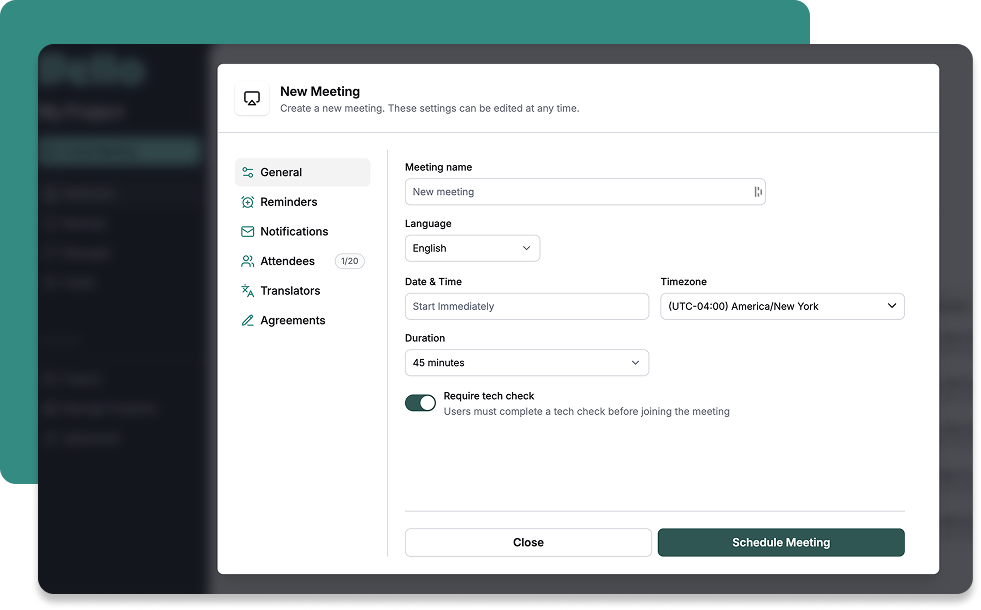 Bello screenshot showing meeting setup screen