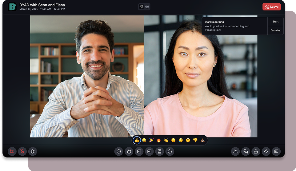 Bello screenshot showing a meeting with two people